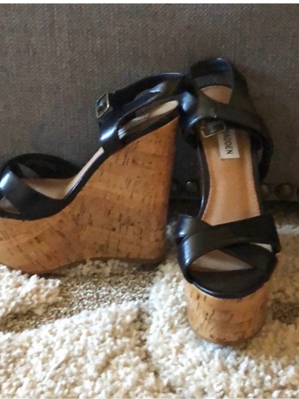 Black Cork Wedge Sandals - Platform Heels